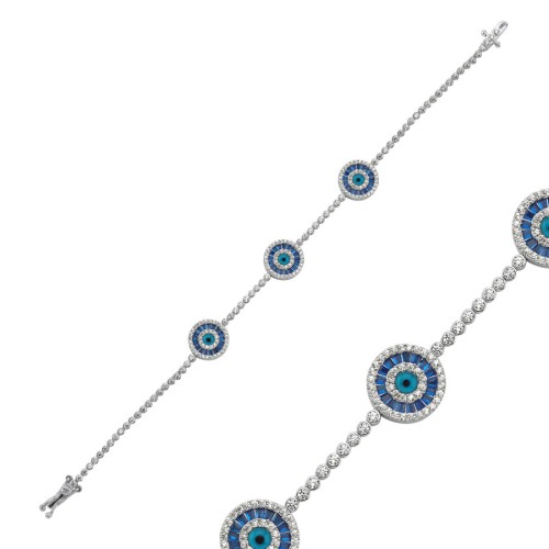 Üçlü Blue Baget Nazar Boncuklu Gümüş Su Yolu Bileklik - CNG Jewels