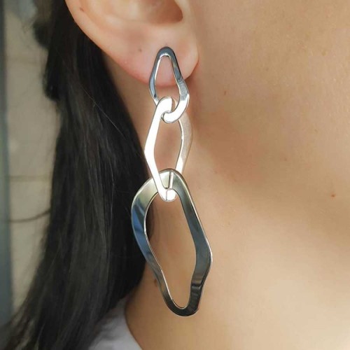 Üçlü Dalgalı Yamuk Sallantılı Gümüş Küpe - CNG Jewels
