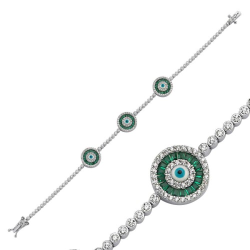 Üçlü Green Baget Beyaz Nazar Boncuğu Su Yolu Gümüş Bileklik - CNG Jewels