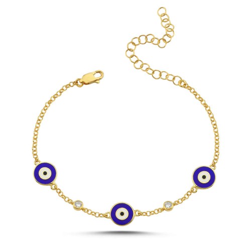 Triple Navy Blue Evil Eye Gold Women's Silver Bracelet - CNG Jewels (1)