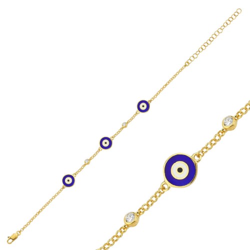 Üçlü Lacivert Nazar Göz Gold Kadın Gümüş Bileklik - CNG Jewels