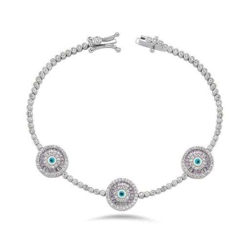 Üçlü Lila Baget Beyaz Nazar Boncuğu Su Yolu Gümüş Bileklik - 3