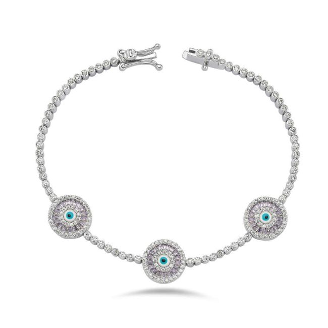 Üçlü Lila Baget Beyaz Nazar Boncuğu Su Yolu Gümüş Bileklik - 3