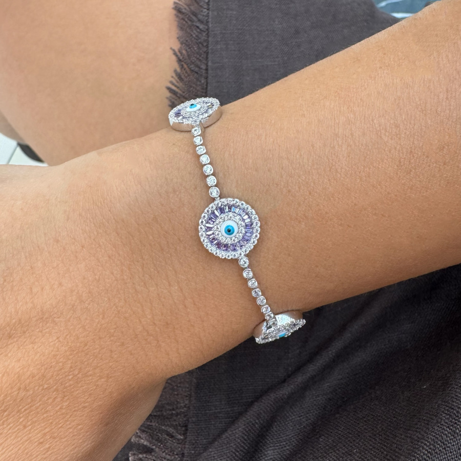 Üçlü Lila Baget Beyaz Nazar Boncuğu Su Yolu Gümüş Bileklik - CNG Jewels (1)