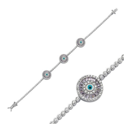 Üçlü Lila Baget Beyaz Nazar Boncuğu Su Yolu Gümüş Bileklik - CNG Jewels