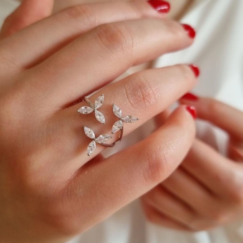 Üçlü Markiz Rüzgar Gülü Kadın Gümüş Yüzük - CNG Jewels