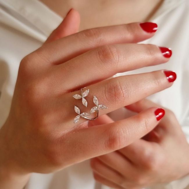 Üçlü Markiz Rüzgar Gülü Kadın Gümüş Yüzük - 2