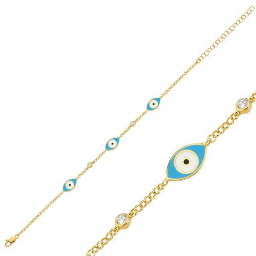 Üçlü Mavi Göz Gold Kadın Gümüş Bileklik - CNG Jewels