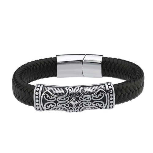 Viking Desenli Siyah Derili Çelik Erkek Bilekliği - CNG Jewels
