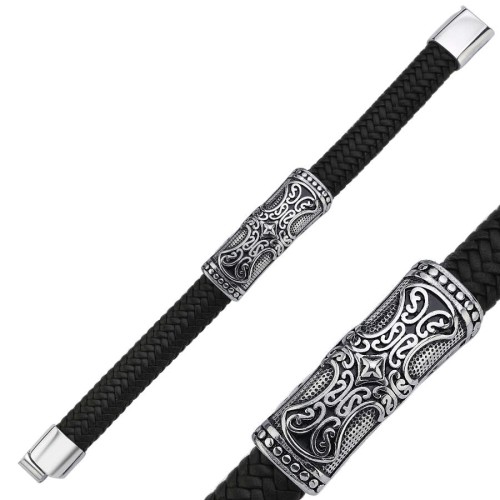 Viking Desenli Siyah Derili Çelik Erkek Bilekliği - CNG Jewels (1)