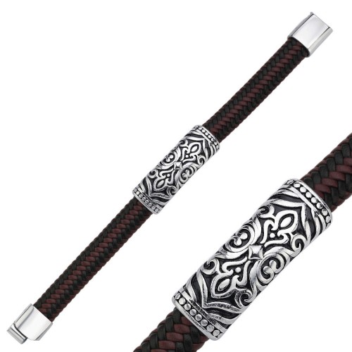 Vintage Desenli Kahve Siyah Derili Çelik Erkek Bilekliği - CNG Jewels (1)