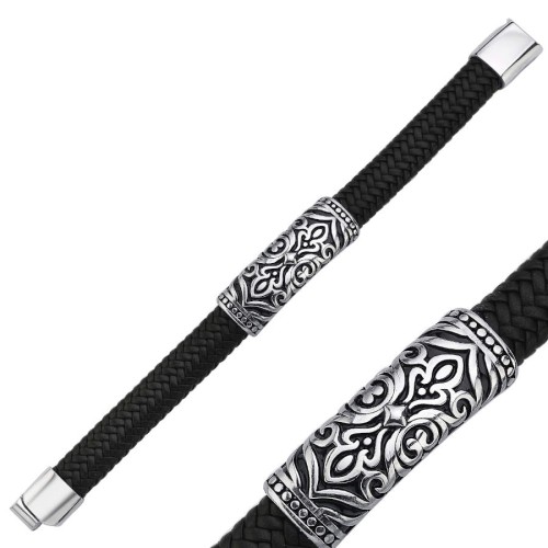 Vintage Desenli Siyah Derili Çelik Erkek Bilekliği - CNG Jewels (1)