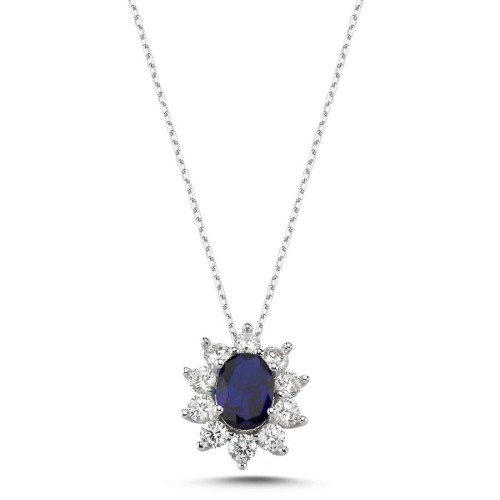 Vintage Oval Safir Anturaj Kadın Gümüş Kolye - CNG Jewels