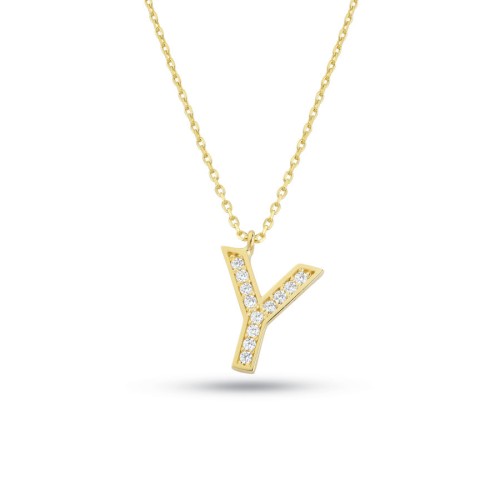 Y Harfi Taşlı Altın Kolye - CNG Jewels