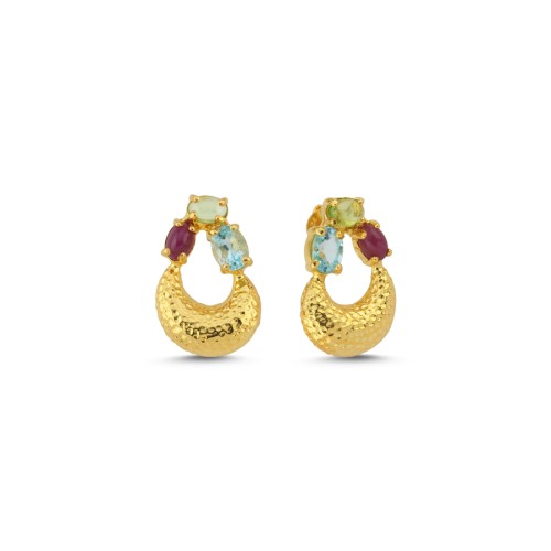 Yakut Peridot Blue Topaz Taşlı Luna Gümüş Küpe - CNG Jewels