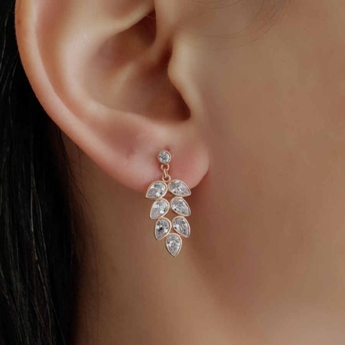 Yedi Damla Taşlı Yaprak Rosegold Gümüş Kadın Küpe 