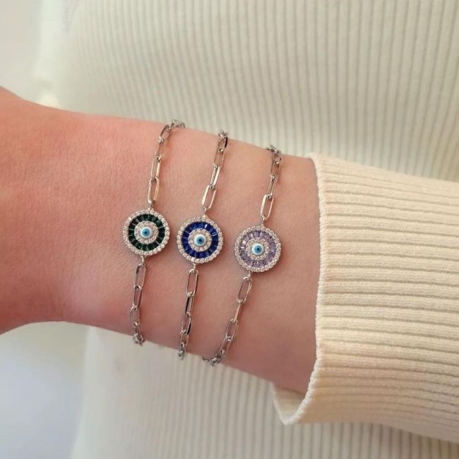 Yeşil Baget Nazar Boncuklu Gümüş Kadın Bileklik - 2