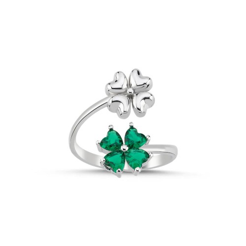 Green Double Four Leaf Clover Silver Women's Ring - CNG Jewels