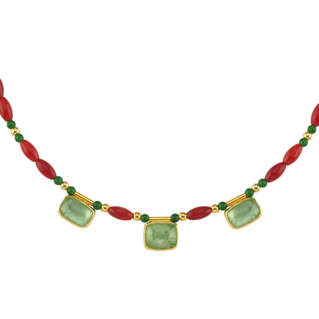 Yeşil Kyanite ve Mercan Taşlı Özel Tasarım Gümüş Kolye - 1