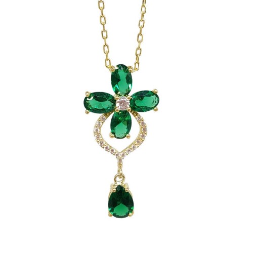 Yeşil Taşlı Yonca Çiçek Gold Kadın Gümüş Kolye - CNG Jewels