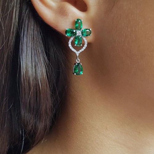 Yeşil Taşlı Yonca Çiçek Kadın Gümüş Küpe - CNG Jewels