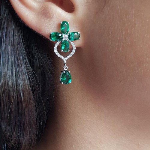 Yeşil Taşlı Yonca Çiçek Kadın Gümüş Küpe - CNG Jewels (1)