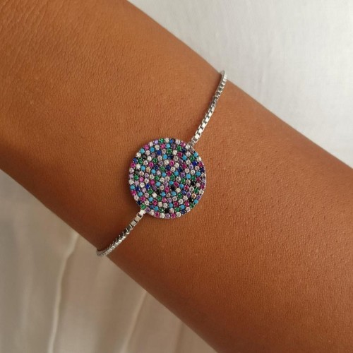 Yuvarlak Renkli Taşlı Asansörlü Gümüş Bayan Bileklik - CNG Jewels