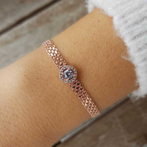Yuvarlak Tek Taş Anturaj Hasır Rose Gümüş Bayan Bileklik - CNG Jewels