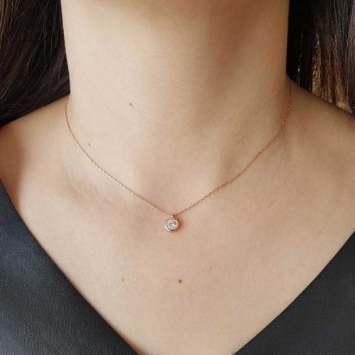 Yuvarlak Tektaş Rose Gümüş Kadın Kolye - CNG Jewels