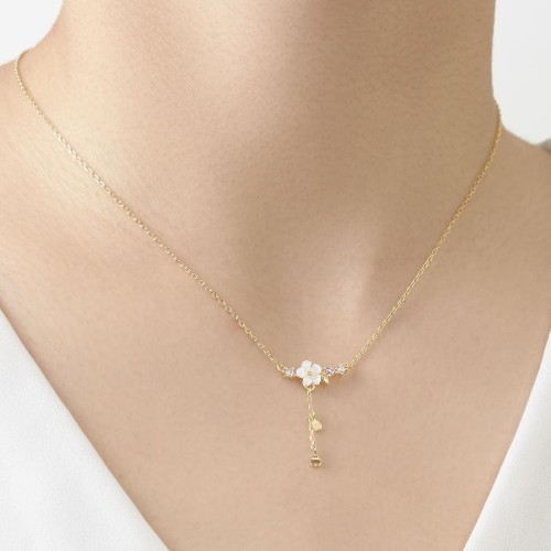 Sedef Çiçekli Gold Gümüş Bayan Kolye - CNG Jewels