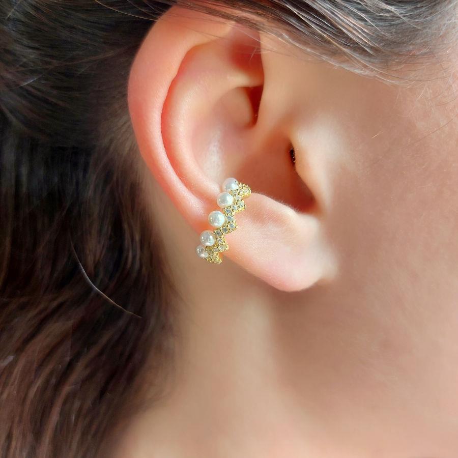 Zikzak Taşlı İncili Gold Kıkırdak Gümüş Küpe - CNG Jewels