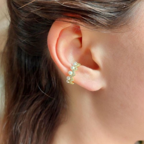 Zikzak Taşlı ve İncili Kıkırdak Cuff Gold Gümüş Kadın Küpe - CNG Jewels (1)