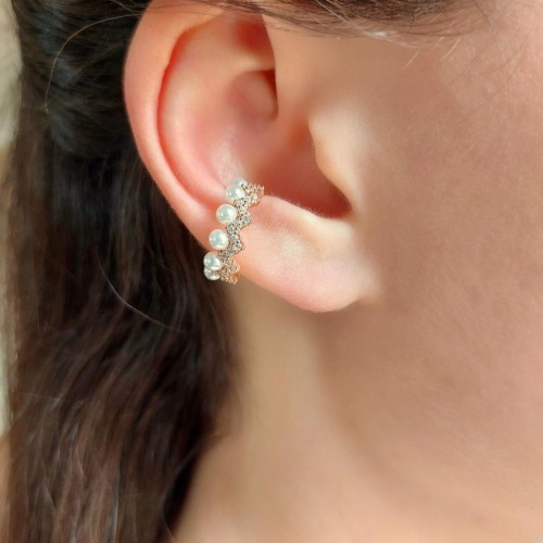 Zikzak Taşlı ve İncili Kıkırdak Cuff Rose Gümüş Kadın Küpe - CNG Jewels