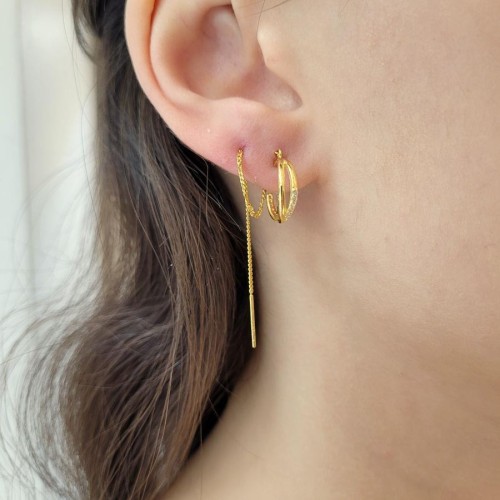 Zincirli Çift Halka Gold Gümüş Kadın Küpe - 3