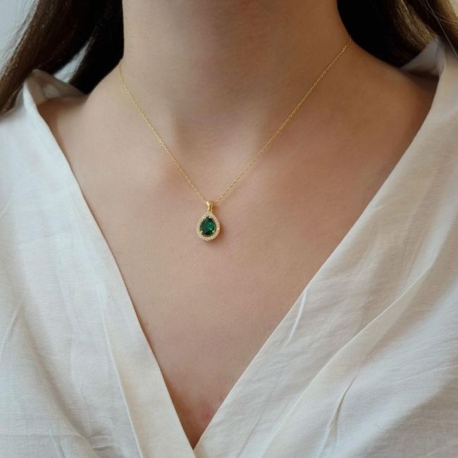 Zümrüt Yeşili Damla Anturaj Gümüş Kadın Kolye - 2